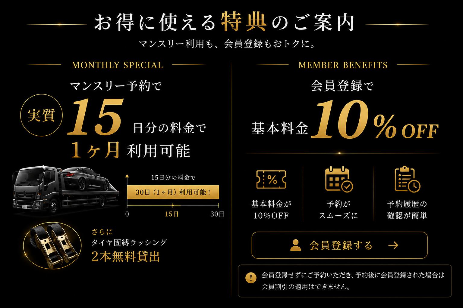 お得に使える特典のご案内 — マンスリー利用で実質15日分の料金で1ヶ月利用可能・会員登録で基本料金10%OFF